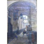 Hypolite Prat - A covered passageway with mothers and children, oil on canvas, signed lower left,