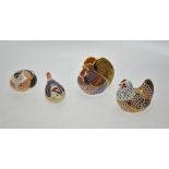Four Royal Crown Derby Imari decorated paperweights - Cockerel, Chicken, Partridge (?) and Wren,