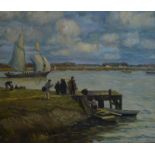 Dutch school - Fishermen on quay, oil on canvas, 51 x 60 cm,