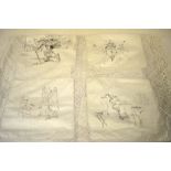 Two boxes containing a tablecloth inset with twelve panels illustrated with nursery rhyme, farmyard,