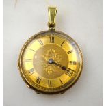 A lady's 18K fob-watch with keywind lever movement, engraved case Condition Report Glass loose