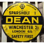 A vintage circular enamelled AA village sign for Dean:- 'Sparsholt 1, Winchester 2½,