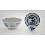 A Chinese blue and white Nanking Cargo teabowl and saucer decorated with a watery landscape to/w a