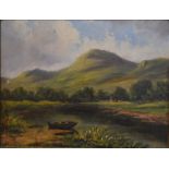 W Wilson - A landscape with hills and river, oil on board signed lower right and dated 1897,