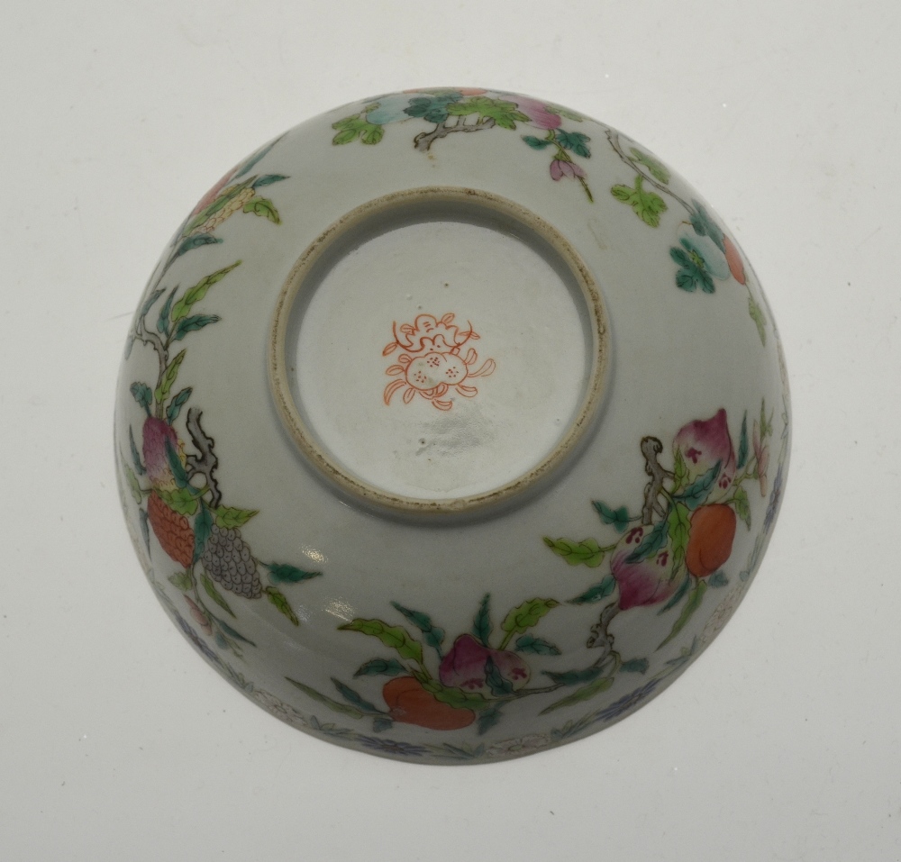 A Chinese famille rose early 19th century bowl decorated with fruit including mulberry, - Image 2 of 5