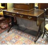 A Victorian mahogany sofa table with rounded corner drop leaf ends over a pair of frieze drawers,