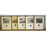 A set of five framed fragments of fabric from early aeroplanes