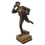 After D Alonzo - a brown patinated bronze figure of a paper-boy, running and shouting,