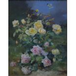 G Debrus - Still life study of pink and yellow roses, oil on board,
