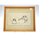 After Maruyama Okyo - a wood block print of a group of puppies in a snowy landscape,