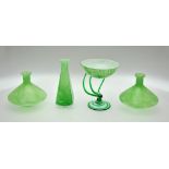 A pair of flattened conical Murano glass green vases, 13 cm, another vase 18.5 cm and a green