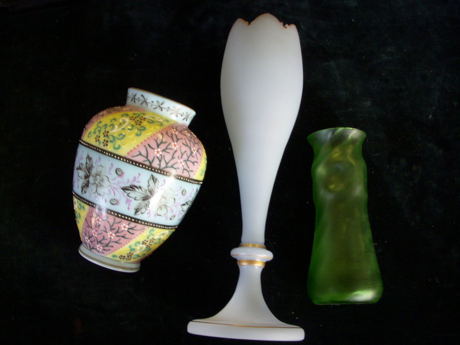 Bohemian frosted glass bud vase; continental enamel glass vase; green art nouveau glass vase.
