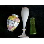 Bohemian frosted glass bud vase; continental enamel glass vase; green art nouveau glass vase.