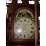 Victorian oak and mahogany longcase clock, with arched painted dial, 30-hour movement.