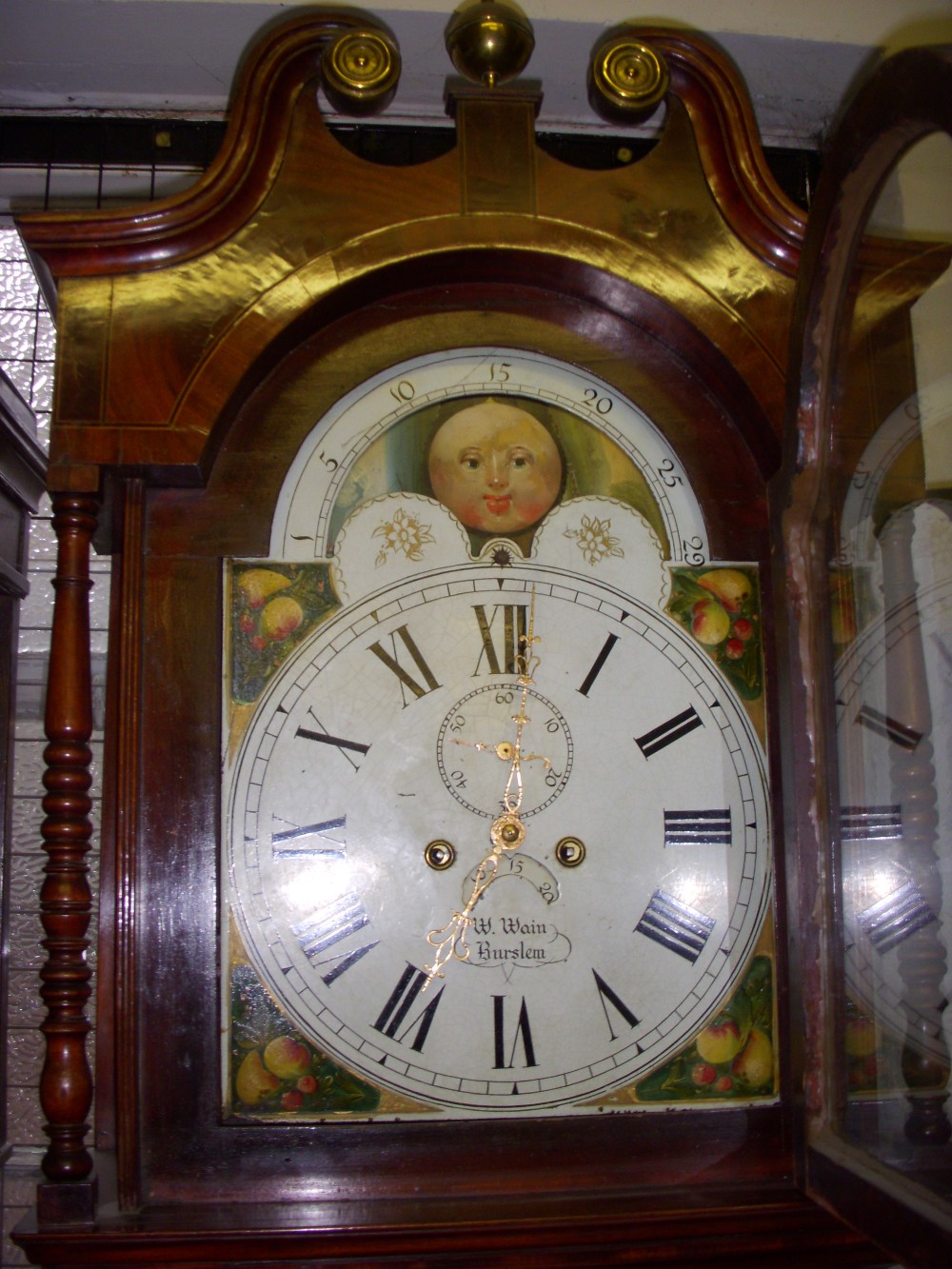 Early Victorian mahogany longcase clock, arched painted rolling moon dial, signed W Wain, Burslem,