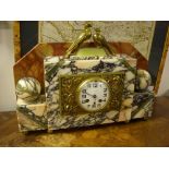 French Art Deco chiming clock with coloured and veined marble case, mounted with gilt metal bands