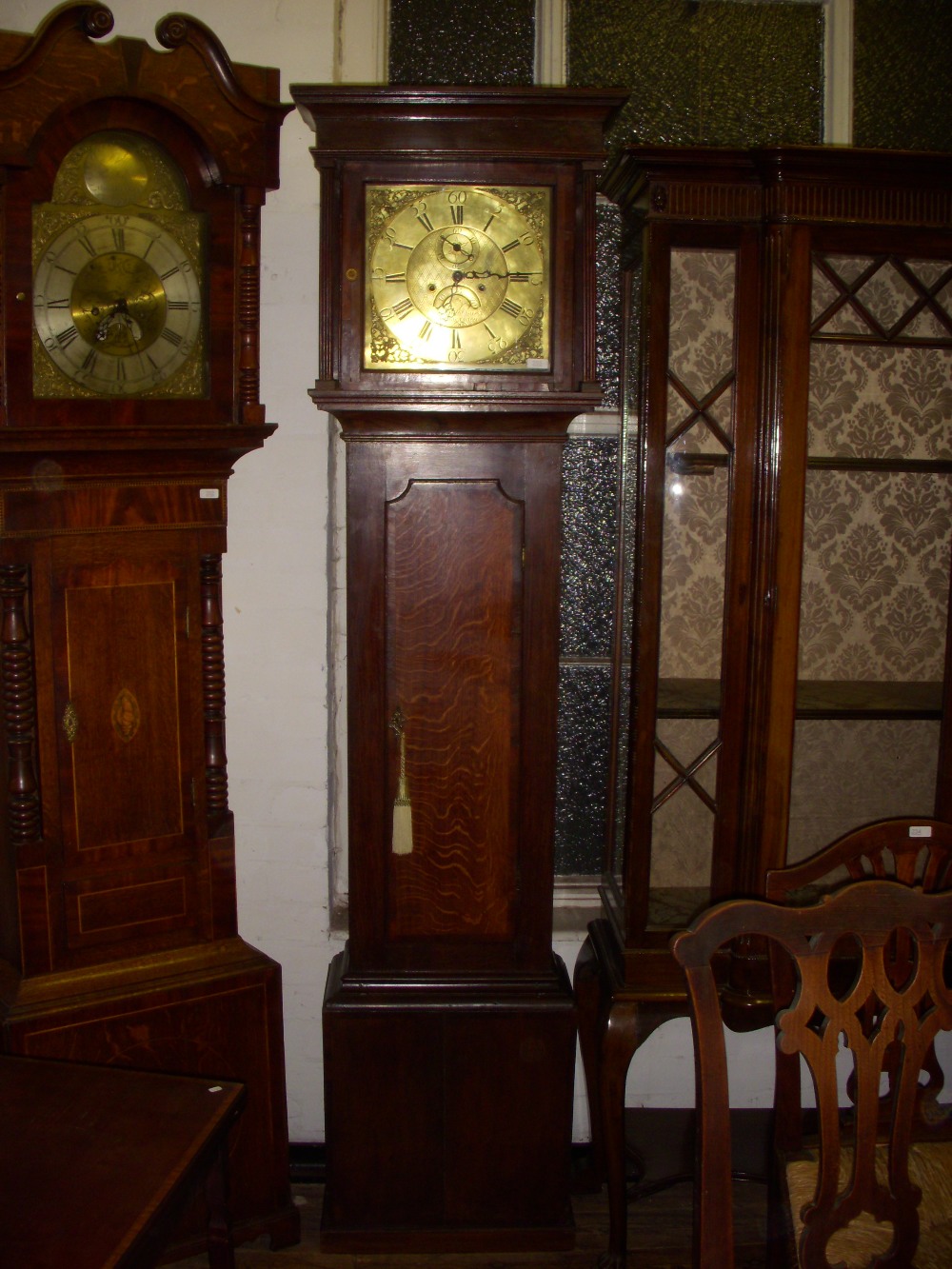 Georgian oak and mahogany crossbanded longcase clock, square brass dial, eight-day movement,