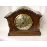 Edwardian mahogany inlaid cased chiming mantel clock, silvered dial.