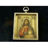 19th century Russian silver gilt pendant miniature icon of Christ, Cyrillic wording, maker’s mark.