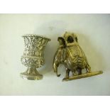 Indian silver bud vase; brass oriental elephant.