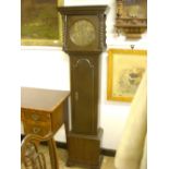 Small oak 19th Century longcase clock, circular brass dial (with adapted battery movement) 63ins