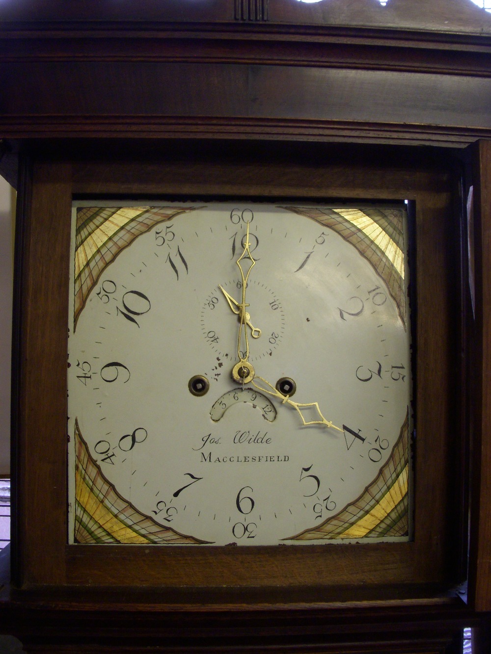 Georgian oak and mahogany longcase clock, square painted dial, eight-day movement, signed Jos.