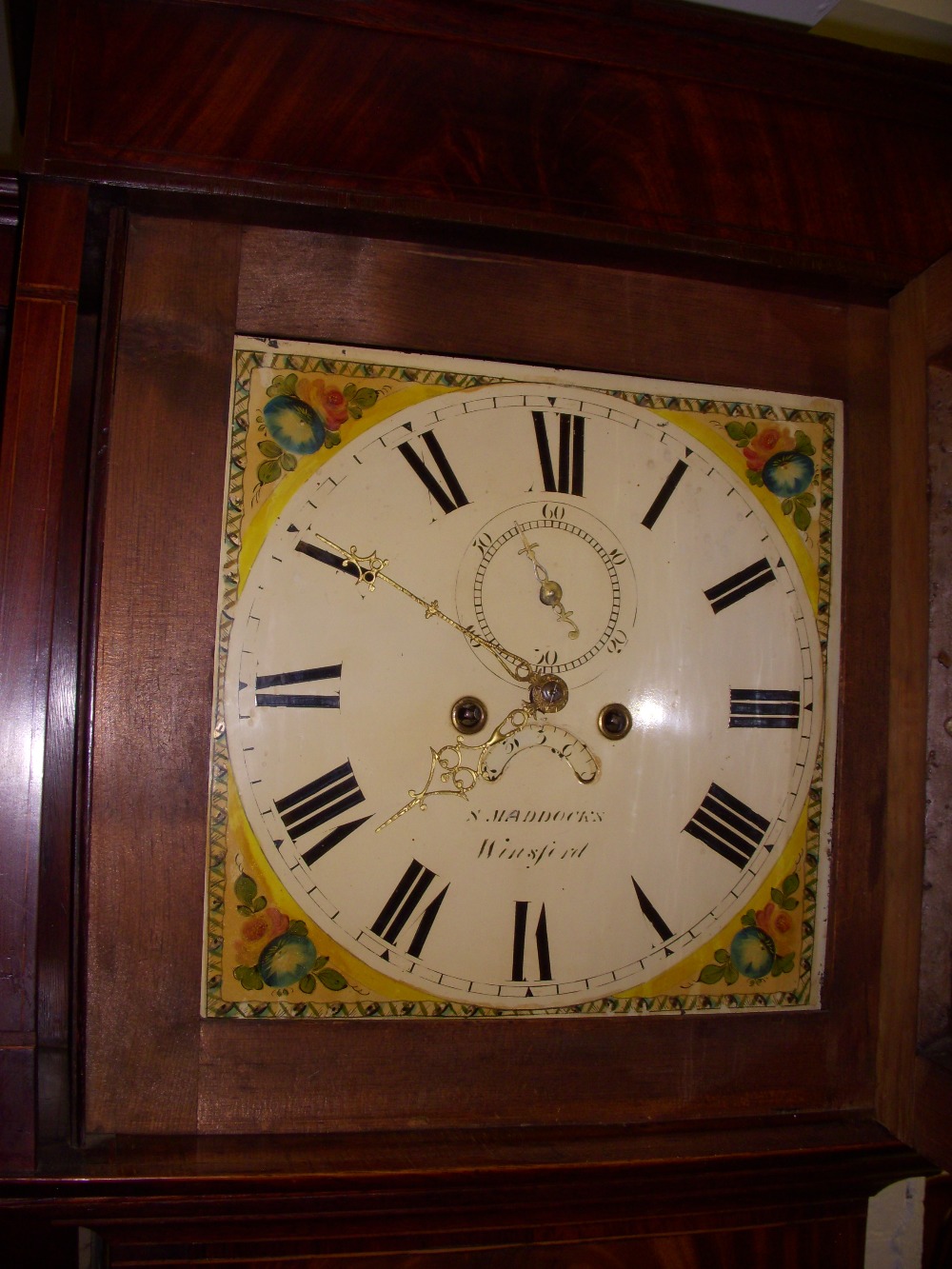 Georgian oak and mahogany longcase clock, square painted dial signed S. Maddocks, Winsford,; eight-