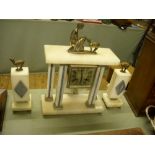 Art Deco stylish 1920’s French white marble clock set. Clock mounted with girl and deer; square