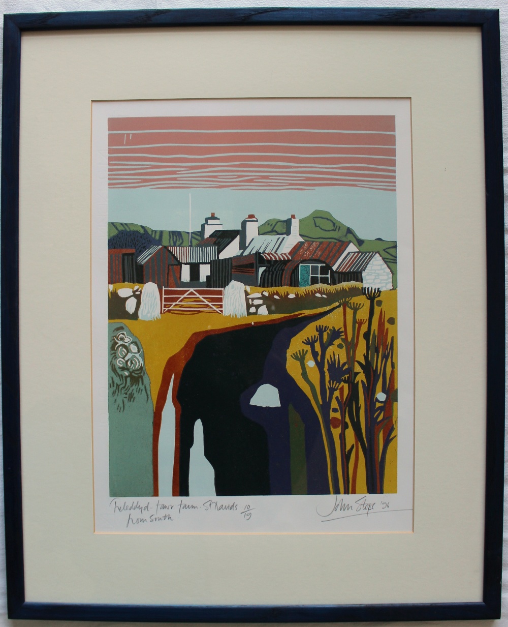 John Stops (b.1925) Teleddyd Fawr Farm, St Davids from the South Linocut Signed and dated '96 - Image 2 of 5