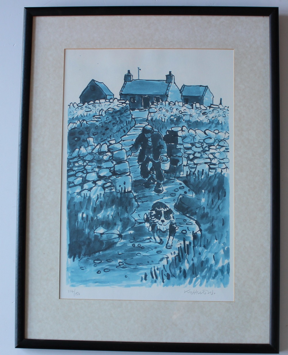 Kyffin Williams A farmer and sheepdog on a path A limited edition print No.114/150 Signed in - Image 2 of 5