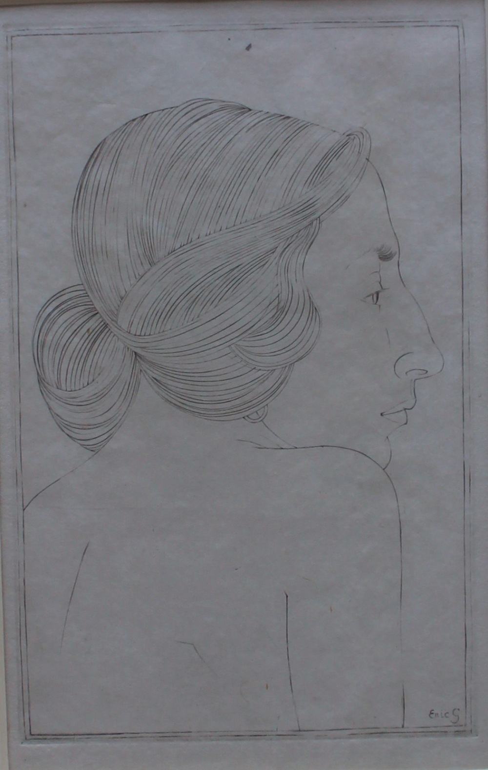 After Eric Gill Portrait of a lady An engraving Label verso 17.5 x 11cm
