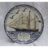 A Poole pottery charger painted with a ship "waterwitch, built by Meadus of Poole 1871, 207 tons