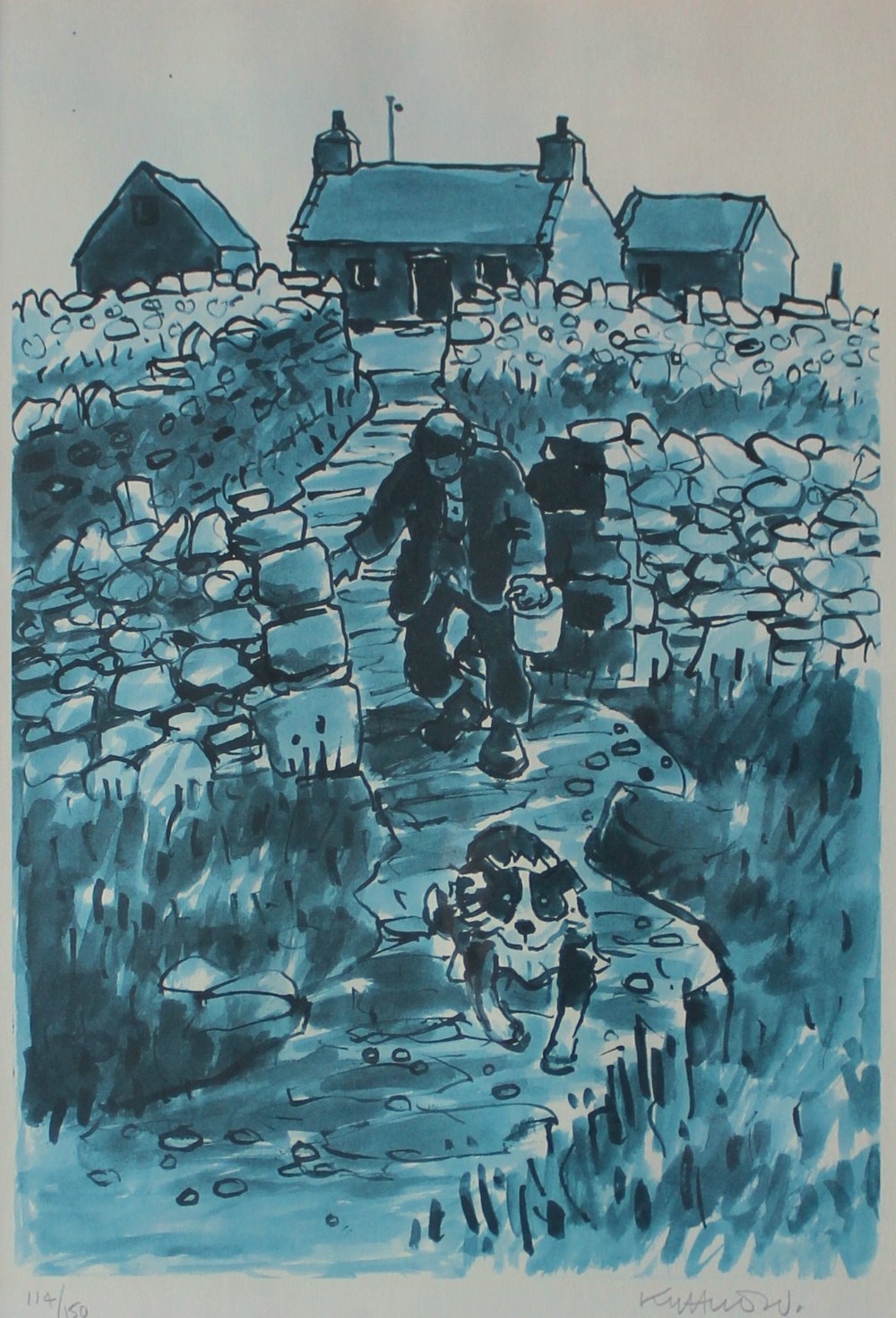 Kyffin Williams A farmer and sheepdog on a path A limited edition print No.114/150 Signed in