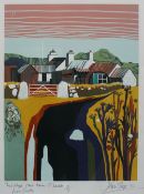 John Stops (b.1925) Teleddyd Fawr Farm, St Davids from the South Linocut Signed and dated '96