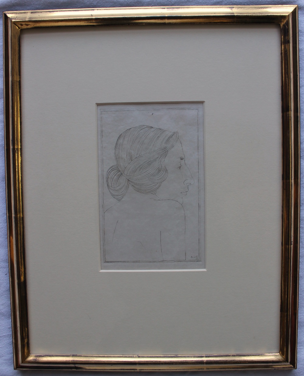 After Eric Gill Portrait of a lady An engraving Label verso 17.5 x 11cm - Image 2 of 3