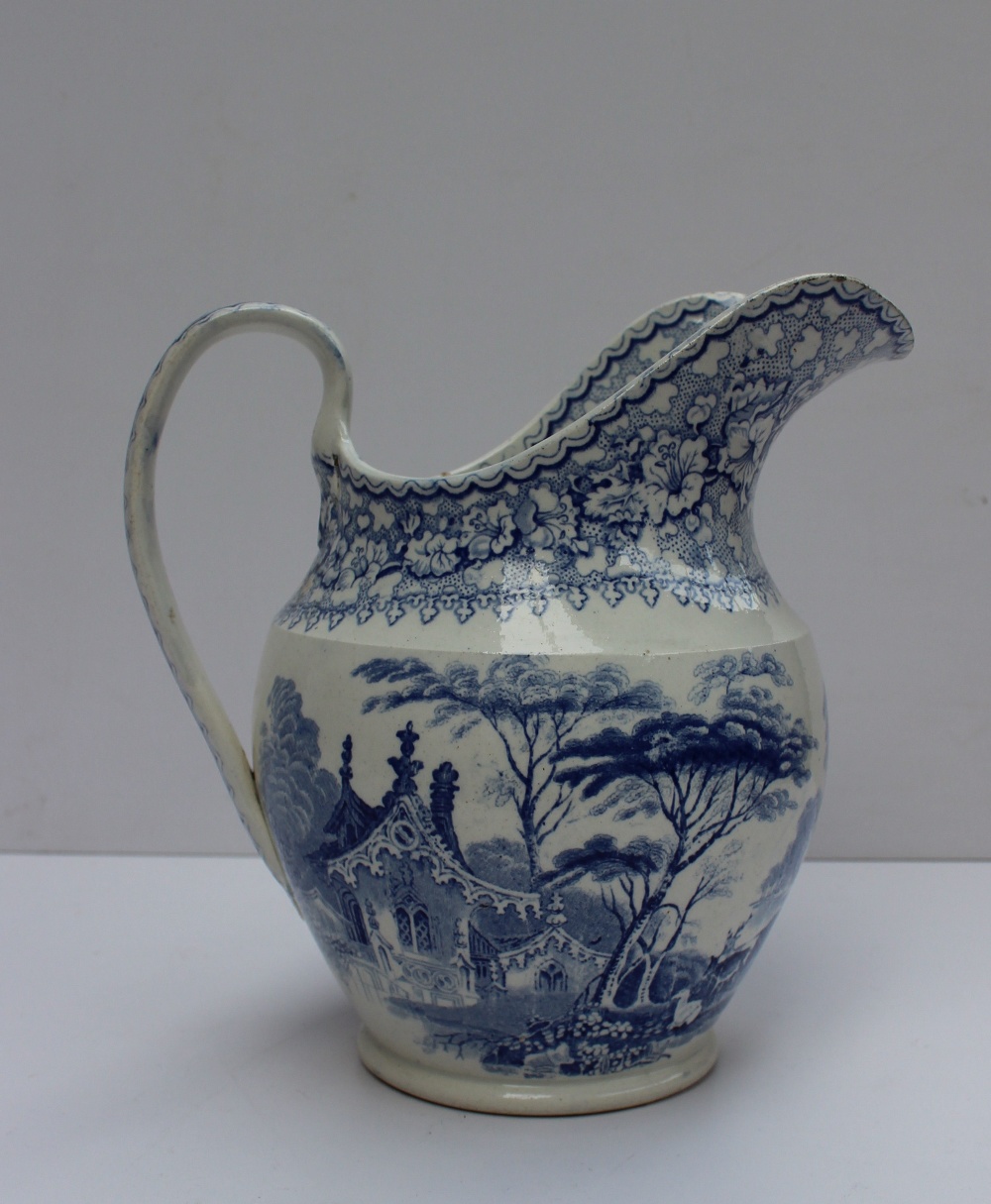 A South Wales Pottery blue and white jug transfer decorated with a chateau in a landscape, impressed - Image 8 of 10