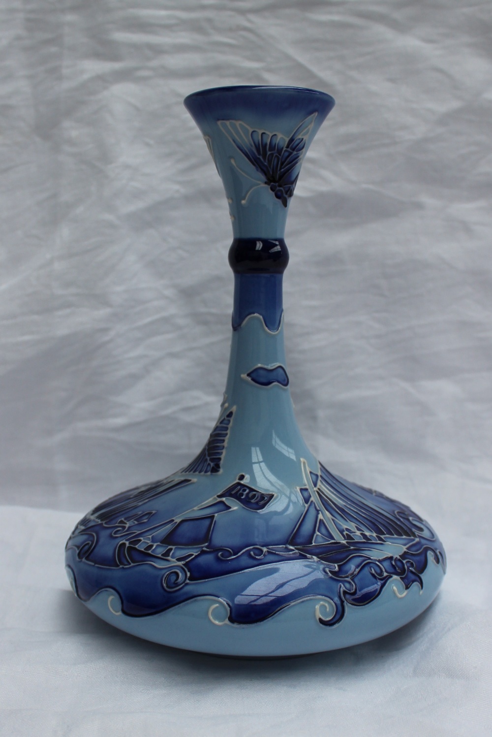 A modern Moorcroft pottery vase, in the "Yacht" pattern, impressed and printed marks, signed "J. - Image 2 of 4