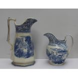 A South Wales Pottery blue and white jug transfer decorated with a chateau in a landscape, impressed