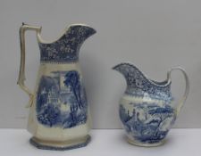 A South Wales Pottery blue and white jug transfer decorated with a chateau in a landscape, impressed