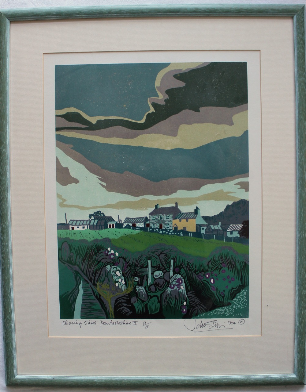 John Stops Clearing Skies Pembrokeshire II Linocut Signed and dated 1994 Limited edition 9/9 40. - Image 2 of 4