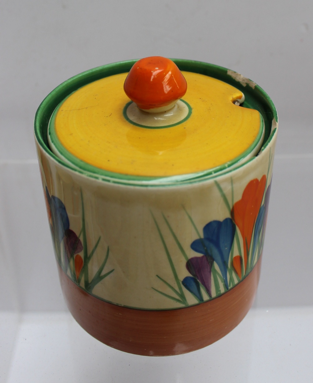 A Clarice Cliff matched crocus pattern part tea and dessert set comprising a teapot and stand, three - Image 4 of 6