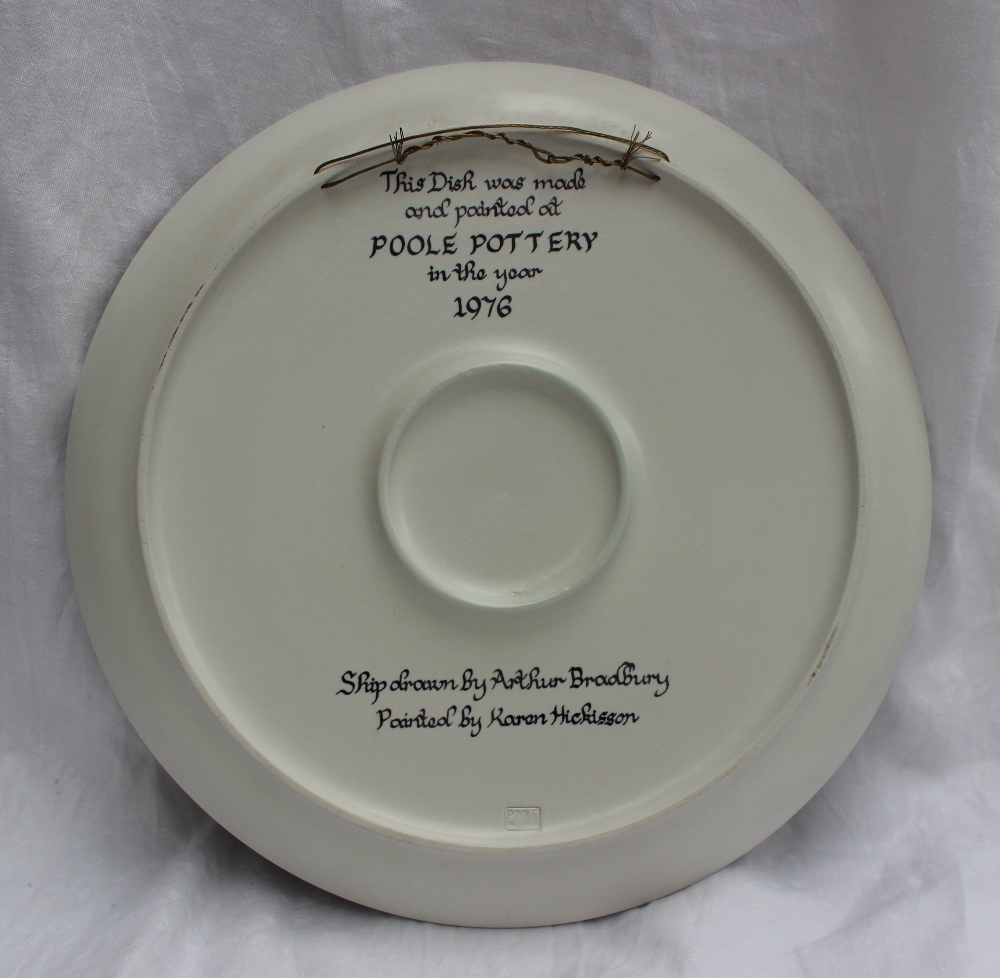 A Poole pottery charger painted with a ship "H.M. Sloop Viper, built at Poole by Tito Durell - Image 2 of 3