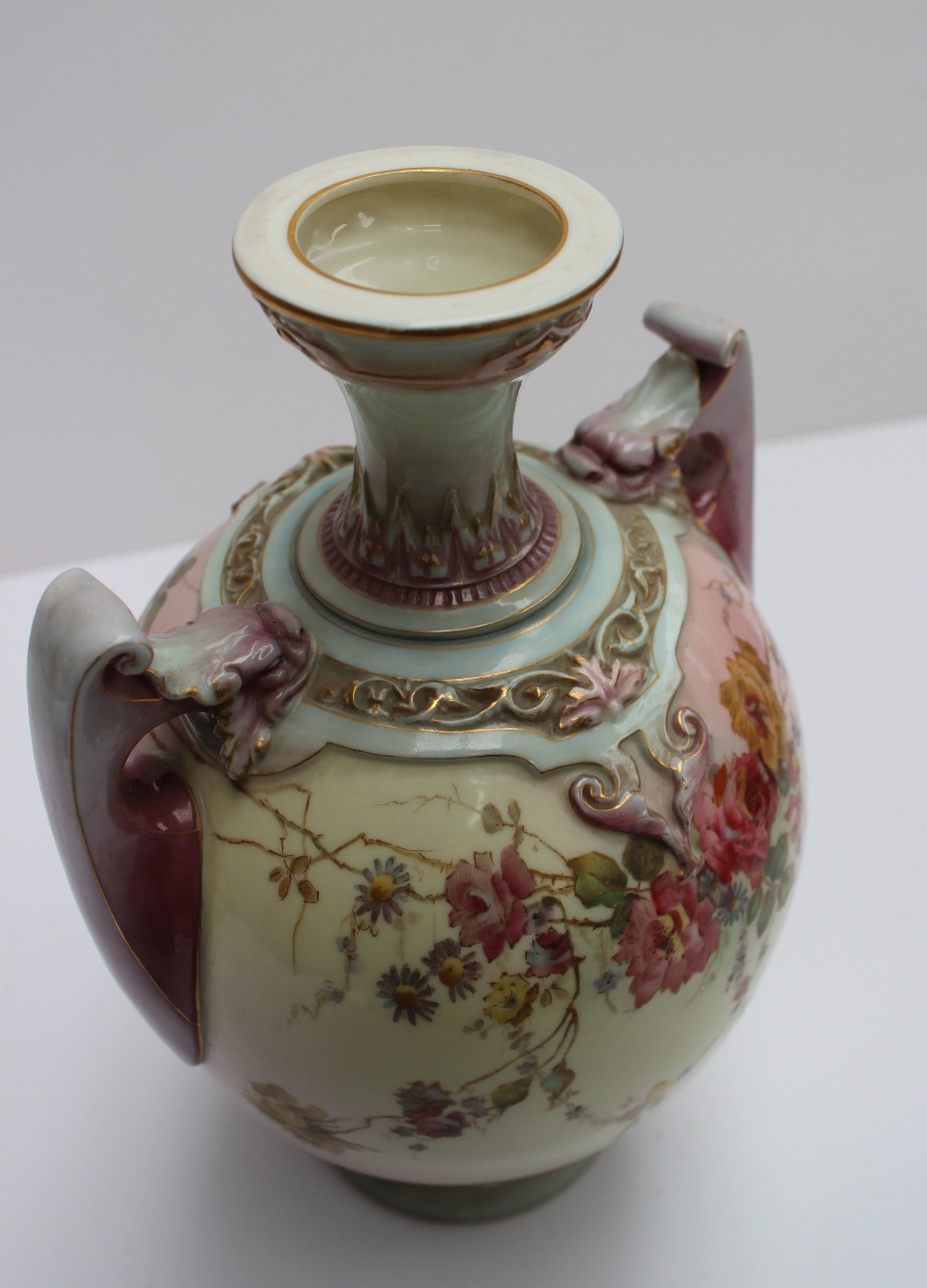 A Royal Worcester Prismatic enamels porcelain twin handled vase, transfer and infil decorated with - Image 3 of 4