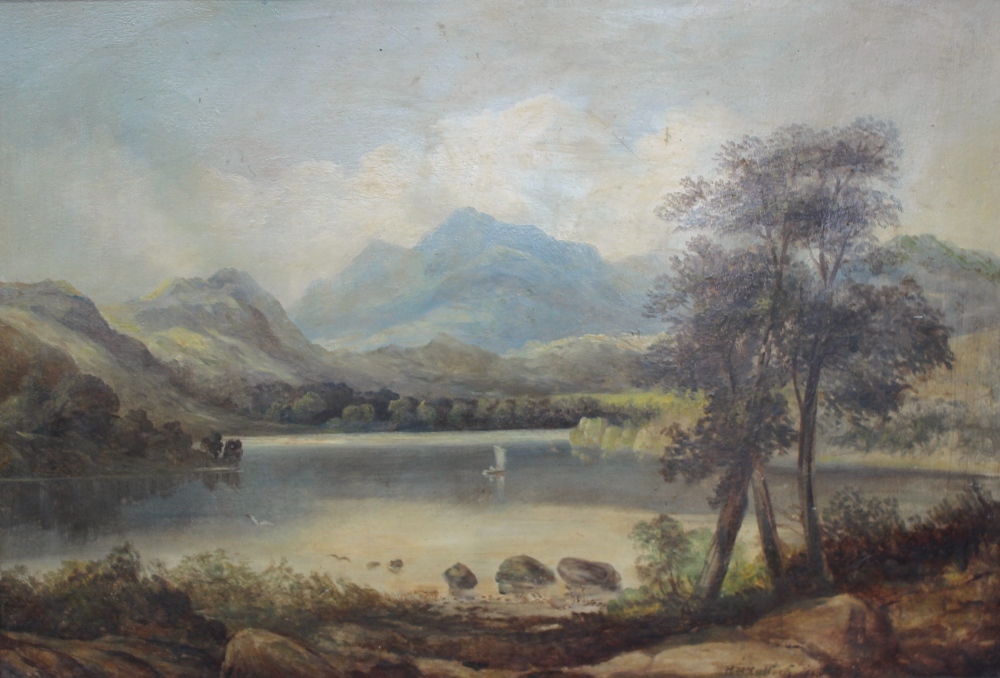 H McCulloch  A lake scene with a mountai