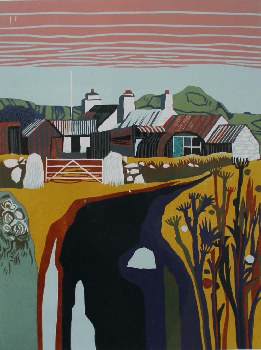 John Stops (b.1925) Teleddyd Fawr Farm, St Davids from the South Linocut Signed and dated '96 - Image 3 of 5