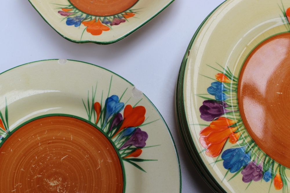 A Clarice Cliff matched crocus pattern part tea and dessert set comprising a teapot and stand, three - Image 6 of 6