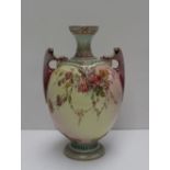 A Royal Worcester Prismatic enamels porcelain twin handled vase, transfer and infil decorated with