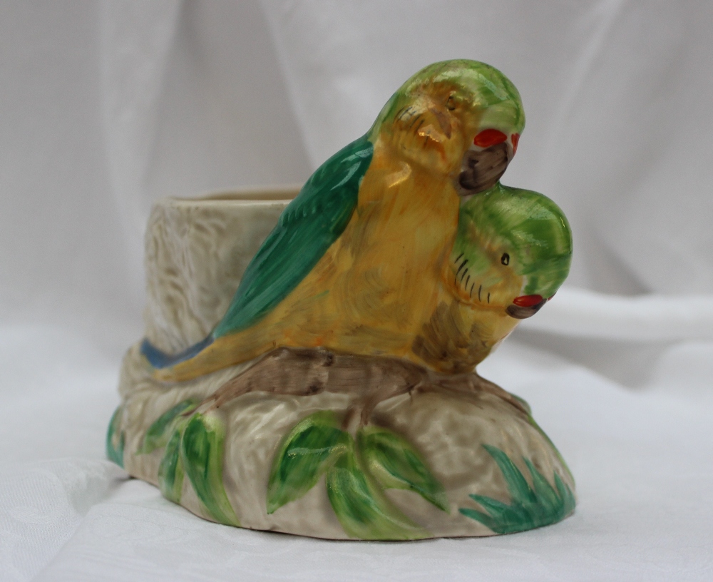 A Clarice Cliff Budgerigar vase, of oval form with two budgerigars on a rocky base, 28cm long - Image 2 of 9