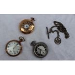 A 14ct yellow gold half hunter keyless wound pocket watch the enamel dial with Roman numerals and a