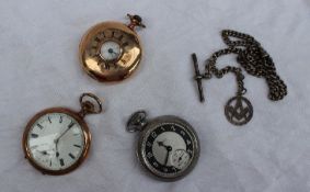 A 14ct yellow gold half hunter keyless wound pocket watch the enamel dial with Roman numerals and a